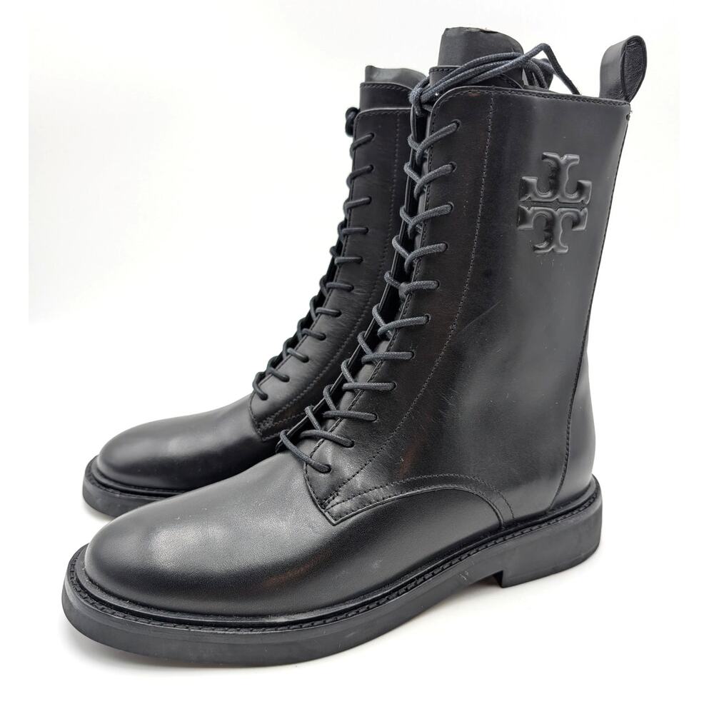 Tory Burch Double-T Lace-Up Combat Boots Women's Black Size US7M EU37.5